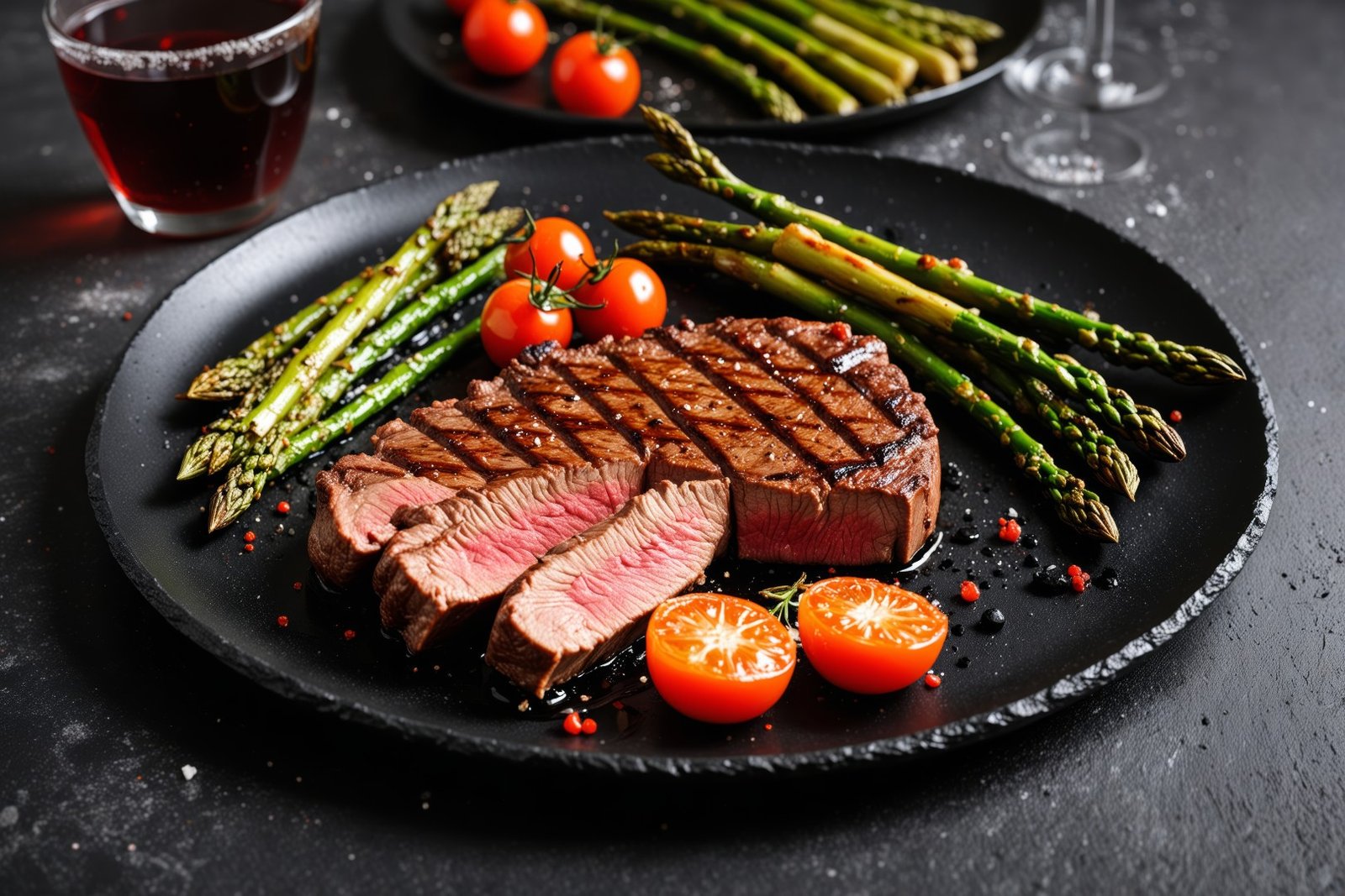 A perfectly grilled and sliced steak is served on a dark round plate alongside roasted asparagus and cherry tomatoes.
