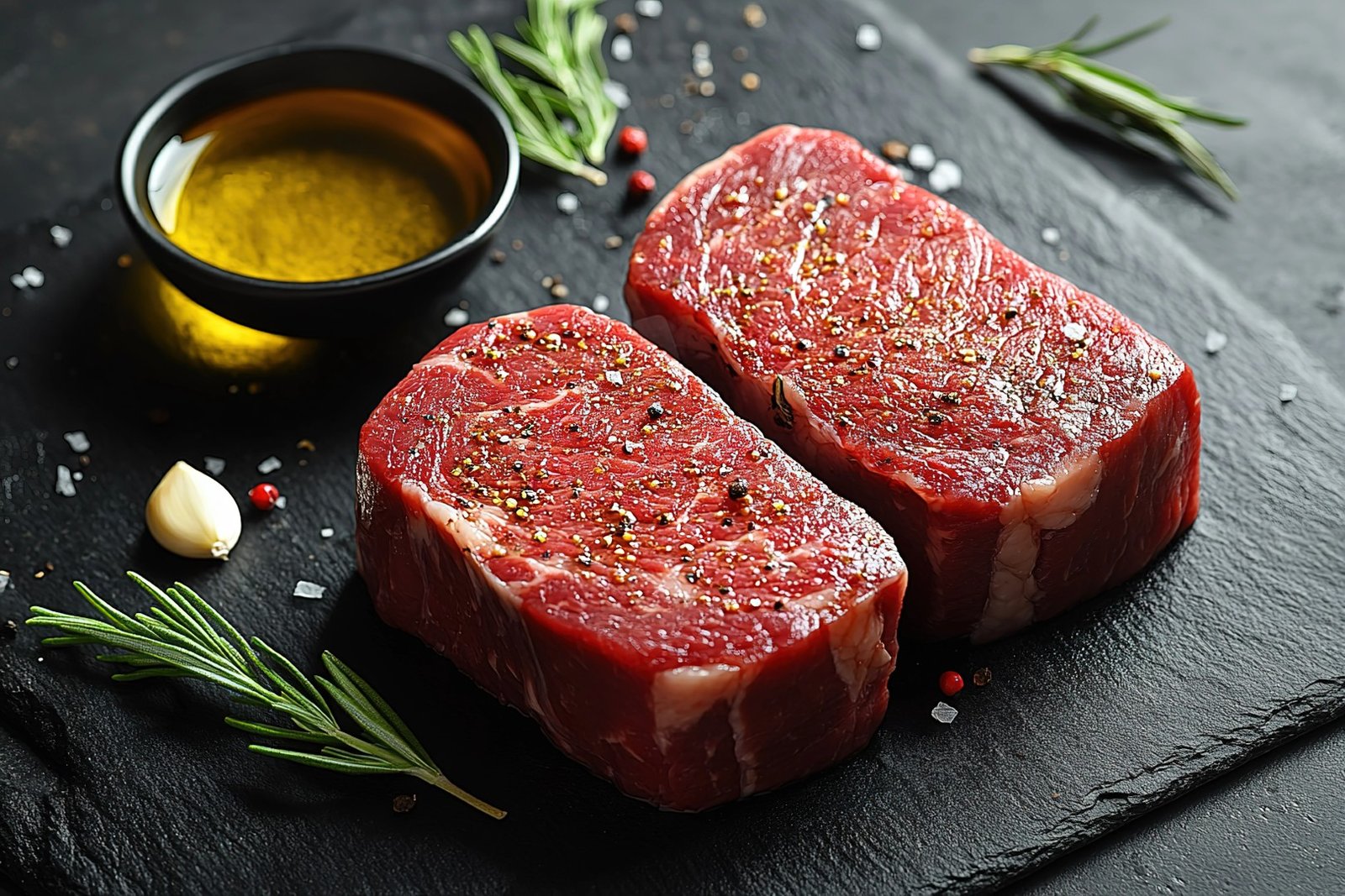 Two thick raw beef steaks seasoned with salt and pepper on a black slate beside a bowl of oil.