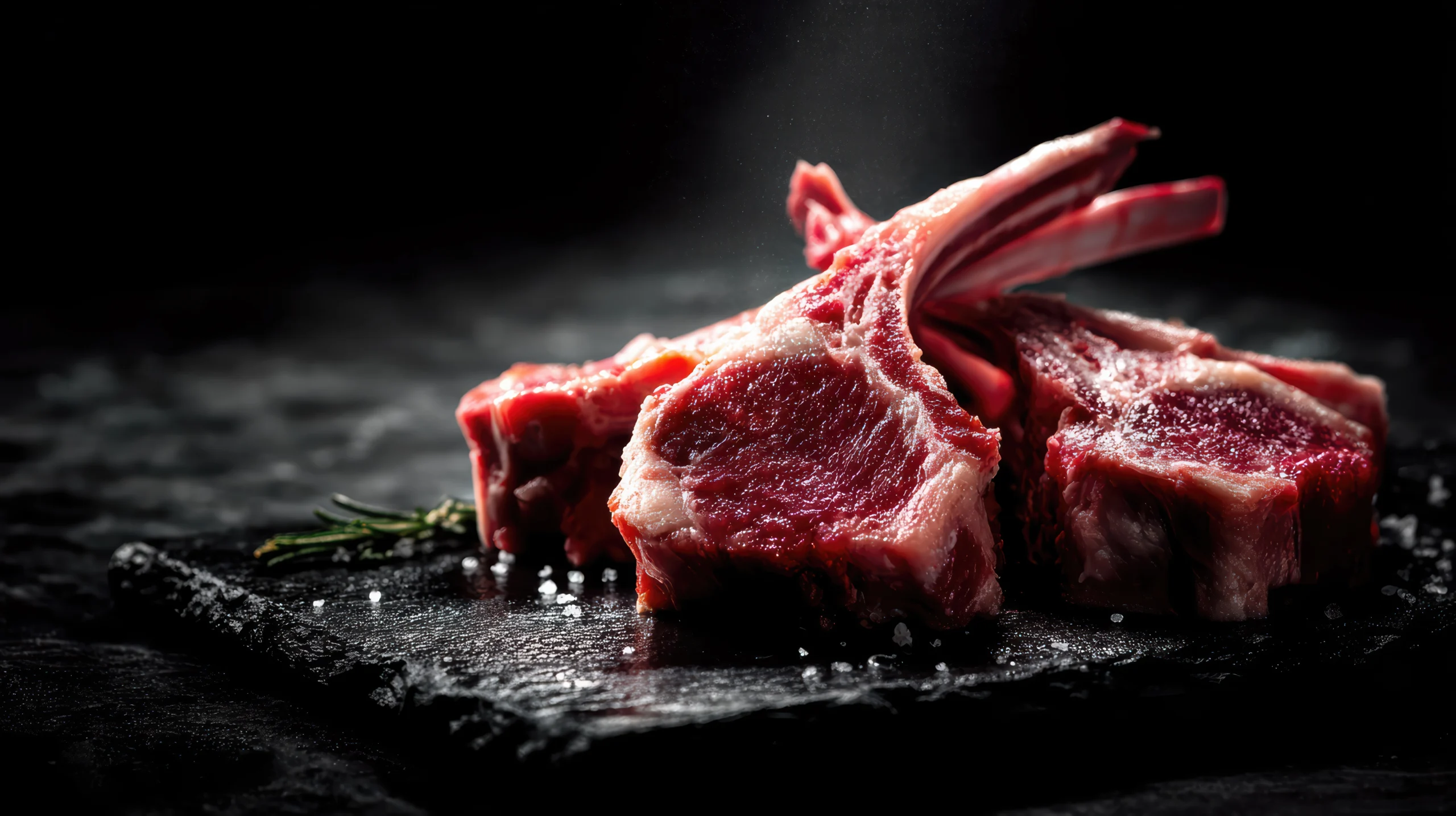 Close-up of raw bone-in lamb chops on a dark stone surface with coarse salt and rosemary under dramatic lighting.